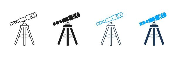 Telescope On Tripod Line And Solid Icon Set. Astronomy Exploration And Stargazing Equipment Symbol Collection. Celestial Observation And Space Study Tools. Isolated Illustration vector