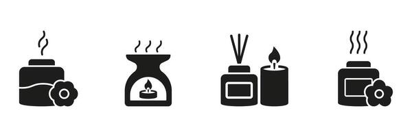 Aromatherapy And Fragrance Diffuser Solid Icon Set. Relaxation, Wellness, And Home Scenting Silhouette Symbol Collection. Essential Oils, Candles, And Incense. Isolated Illustration vector