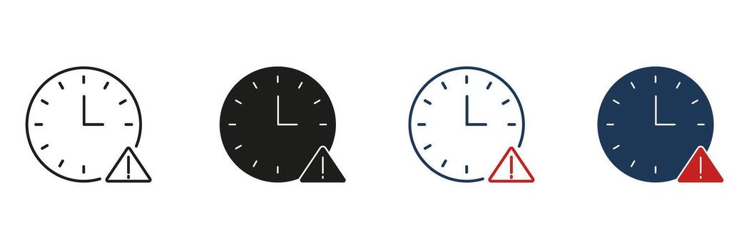 reloj con advertencia triángulo línea y sólido icono colocar. hora gestión, fecha límite alerta, y calendario advertencia silueta símbolo recopilación. urgencia y precaución. aislado ilustración vector