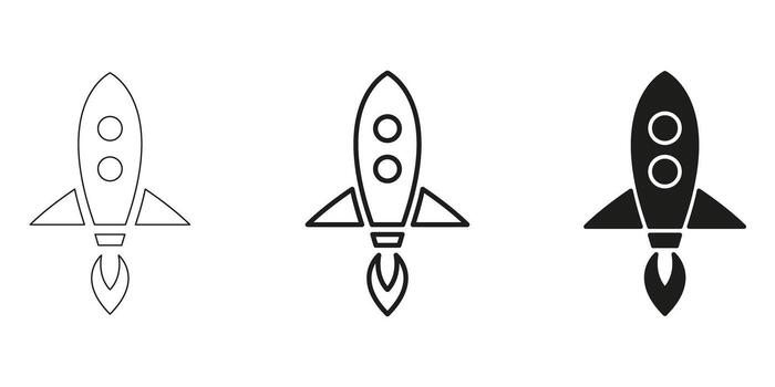 Rocket Launch In Line, Outline, And Glyph Icon Set. Futuristic And Technological Advancement. Space Exploration, Innovation, And Startup Growth Symbol Collection. Isolated Illustration vector