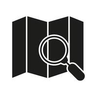 Map With Magnifying Glass Solid Icon. Location Search, Navigation, And Exploration Silhouette Symbol. Travel Planning And Geographic Analysis. Isolated Illustration vector