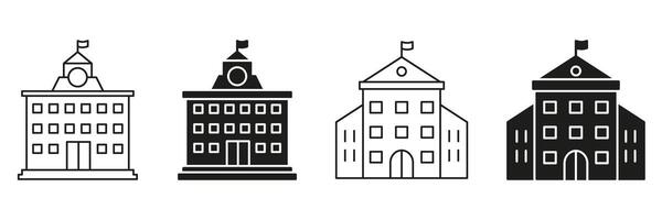 School Building Line And Solid Icon Set. Educational Institution, Learning Center, And Academic Facility Symbol Collection. Architecture And Campus Design. Isolated Illustration vector
