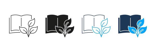 Open Book With Leaves Line And Solid Icon Set. Knowledge Growth, Education, And Environmental Learning Symbol Collection. Eco-Friendly Education Concept. Isolated Illustration vector