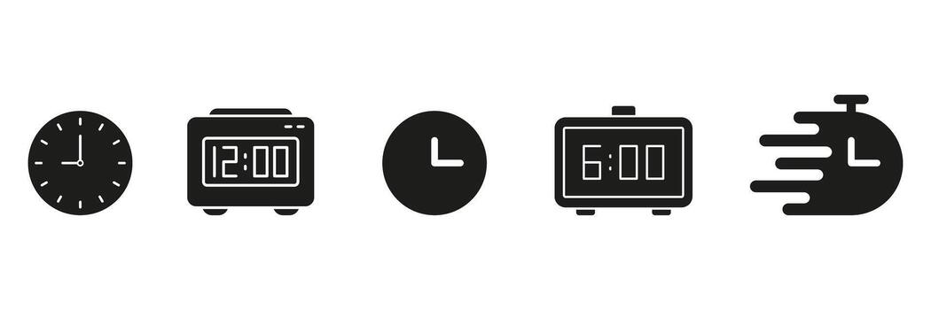 Clock And Timer Solid Icon Set. Time Management, Alarm, And Speed Tracking Silhouette Symbol Collection. Includes Analog Clock, Digital Clock, And Stopwatch. Isolated Illustration vector