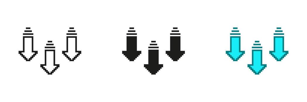hacia abajo flechas pixelado icono colocar. píxel Arte símbolo de disminución o descargar. Tres flechas señalando abajo. hacia abajo movimiento para reducción o navegación. aislado ilustración vector