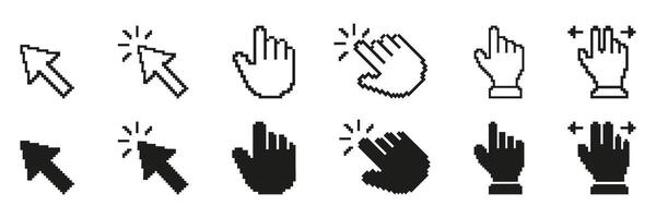 Pixel Art Cursor And Hand Icon Set. Digital Interaction And Navigation Symbols Collection. Includes Click, Point, And Drag Gestures. Isolated Illustration vector
