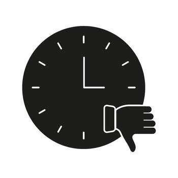 Clock With Thumbs Down Solid Icon. Time Management, Disapproval, And Negative Feedback Silhouette Symbol. Scheduling Issues And Unfavorable Timing. Isolated Illustration vector