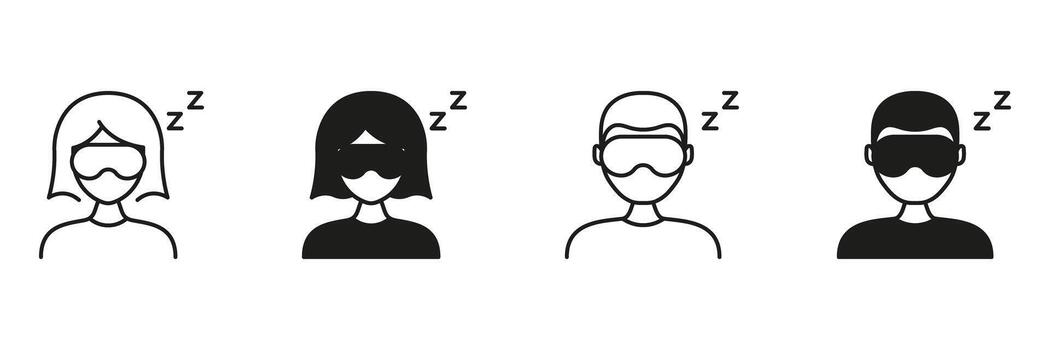 Sleeping Person With Eye Mask Line And Solid Icon Set. Rest, Relaxation, And Sleep Symbol Collection. Sleepwear And Nighttime Routine Representation. Isolated Illustration vector
