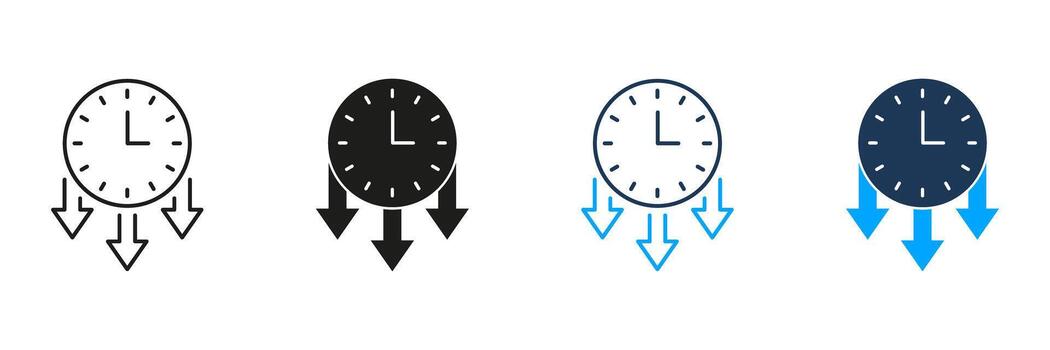 Clock With Downward Arrows Line And Solid Icon Set. Time Management, Deadline Pressure, And Efficiency Symbol Collection. Productivity And Task Prioritization. Isolated Illustration vector