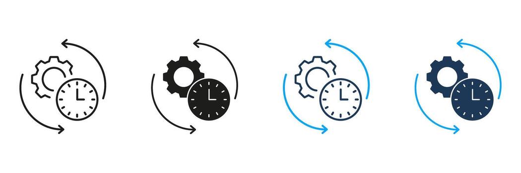 Gear And Clock With Arrows Line And Solid Icon Set. Time Management, Process Optimization, And Workflow Efficiency Symbol Collection. Automation And Productivity. Isolated Illustration vector