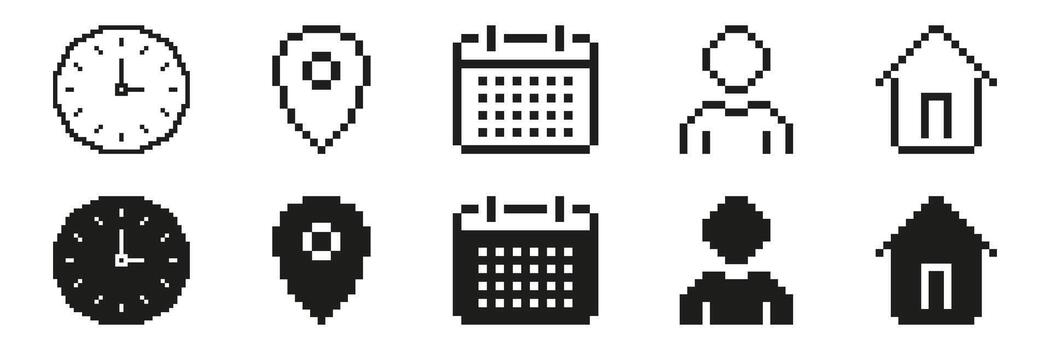 Pixel Art Icon Set Featuring Clock, Location Pin, Calendar, User, And House Symbols. Time Management, Navigation, Scheduling, User Profile, And Home Concepts. Isolated Illustration vector