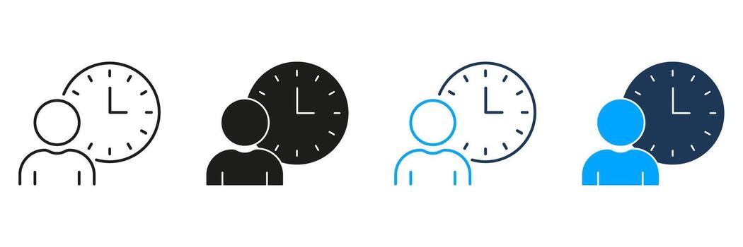 Person With Clock Line And Solid Icon Set. Time Management, Scheduling, And Productivity Tracking Symbol Collection. Efficient Planning And Organization. Isolated Illustration vector