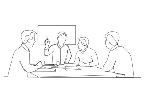 continuo uno línea dibujo de asistentes y presentador. vector