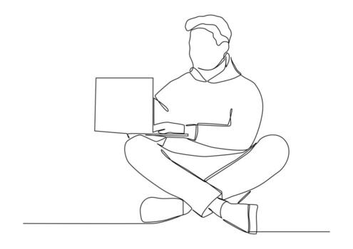 continuous one line drawing of a guy sitting with laptop computer. vector