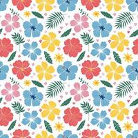 Tropical Hibiscus Flowers and Leaves Pattern vector