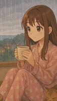 Enjoying a cozy evening with a warm drink while rain falls outside. Loop animation video