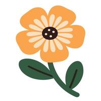 Simple Floral Illustration Featuring Orange Petals Green Leaves and Dark Center. vector