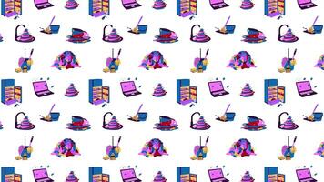 Icons depicting various cleaning items, including a bucket filled with supplies, a broom, and a sponge, alongside an open refrigerator with scattered food animation Loop Background video