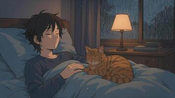Cozy night with a cat during a rainy evening in a bedroom atmosphere. Loop animation video