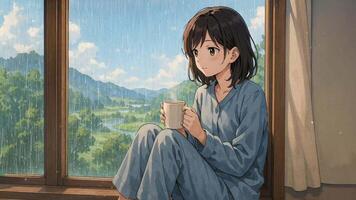 Enjoying a quiet moment with a warm drink while watching the rain fall on a scenic landscape. Loop animation video