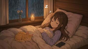 Cozy rainy night with a girl and her cat sleeping peacefully by the window. Loop animation video