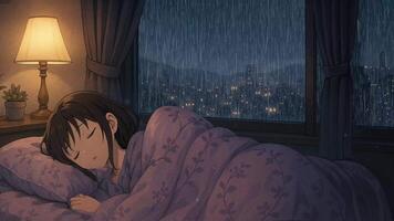 Cozy night with rain, a peaceful woman sleeping by the window. Loop animation video
