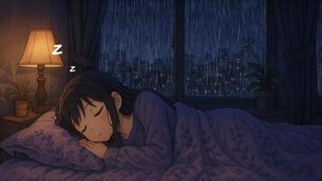 Peaceful evening in a cozy bedroom with rain and soft lighting. Loop animation video