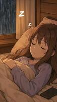 Cozy girl asleep in bed while rain falls outside on a quiet, tranquil evening. Loop animation video