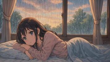 Young girl gazes thoughtfully out the window during a rainy evening in a cozy room. Loop animation video