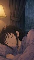 Sleeping girl in a cozy room while it rains outside during the night. Loop animation video