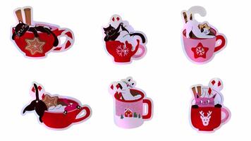 Set of Cozy Cats Drinking Hot Chocolate. Holiday Candy Cane Vibes. Alpha channel transparency video