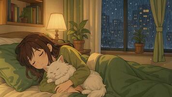 Cozy night at home with a girl and her cat during a rainy evening. Loop animation video