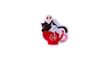A festive hot cocoa mug filled with whipped cream and joy featuring an adorable cat nestled inside. Alpha channel transparency video