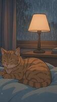 Cozy rainy evening with a sleeping cat near a lamp and window. Loop animation video