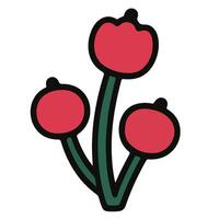 Stylized Red Berries with Black Outlines and Green Stems Simple Botanical Illustration. vector
