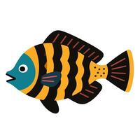 Striking Cartoon Fish with Bold Black and Yellow Stripes and Teal Face. vector