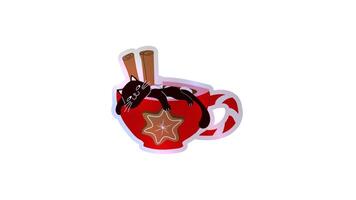 A cozy cat sipping hot chocolate with festive candy cane vibes. Transparent background video