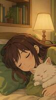 Cozy moment of a girl and her white cat napping together in a warm bedroom setting at night. Loop animation video