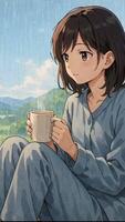 Enjoying a warm drink while contemplating nature on a rainy day in a cozy mountain setting. Loop animation video