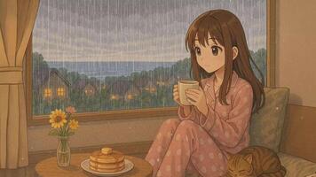 Cozy morning with pancakes and warm drink while rain falls outside. Loop animation video