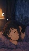Sleeping girl peacefully rests by the window during a rainy night. Loop animation video