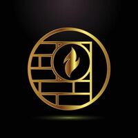 Golden Emblem of Fire and Stone Wall Protection Symbol, Firewall icon vector