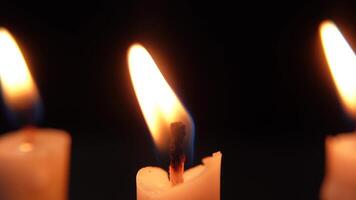 Set of flames of burning candles isolated on a black background. Bright candle flames glowing in darkness video