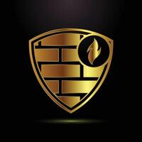 Golden Security Shield with Brick Wall and Flame Emblem Illustration vector