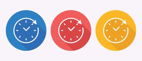Three Colorful Round Icons Representing Time and Clock with Arrow Symbol on White Background vector