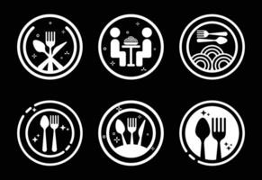 Black and White Restaurant Iconography Depicting Dining, Cutlery, and Shared Meals vector