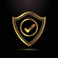 Golden Shield with Check Mark Symbolizing Security Assurance and Trust Protection with Black Backdrop vector