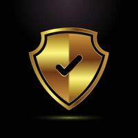 Golden shield with a black check mark symbolizing security and protection vector