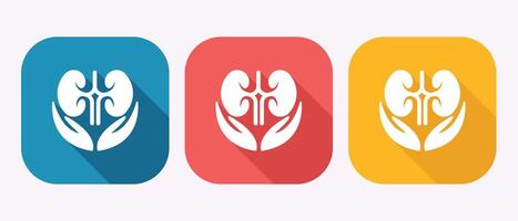 Kidney care icon set with hands in blue red and yellow backgrounds vector