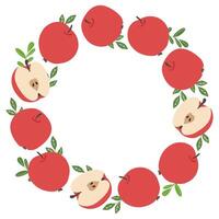Round frame of red apples and green leaves. Fruit border illustration on white background. vector